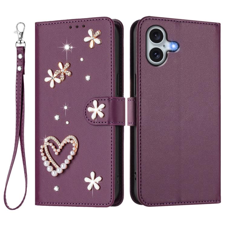 For iPhone 16 Plus ZS01 Double-Layer Heart Floral Vegan Leather Phone Case with Wrist Strap