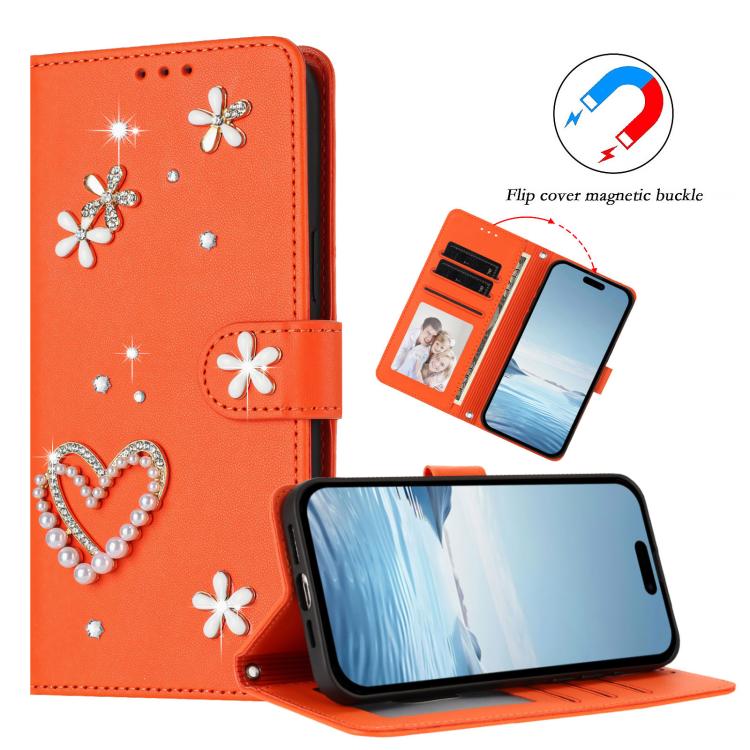 For iPhone 16 ZS01 Double-Layer Heart Floral Vegan Leather Phone Case with Wrist Strap