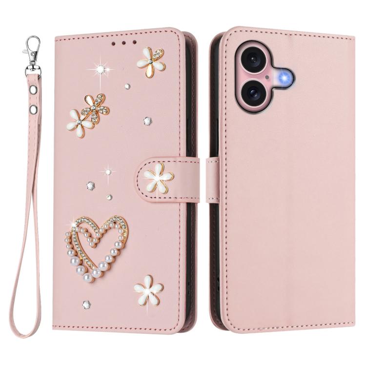 For iPhone 16 ZS01 Double-Layer Heart Floral Vegan Leather Phone Case with Wrist Strap