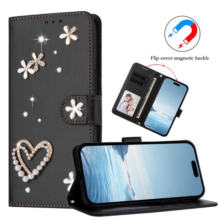 For iPhone 16 ZS01 Double-Layer Heart Floral Vegan Leather Phone Case with Wrist Strap