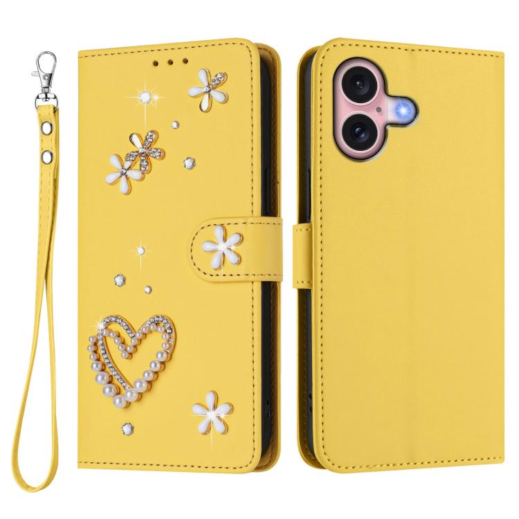 For iPhone 16 ZS01 Double-Layer Heart Floral Vegan Leather Phone Case with Wrist Strap