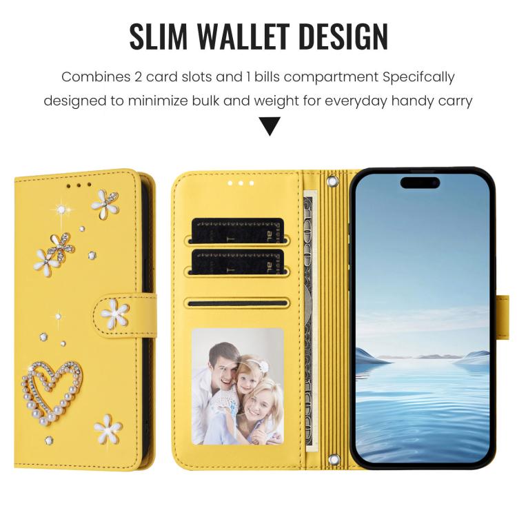 For iPhone 16 ZS01 Double-Layer Heart Floral Vegan Leather Phone Case with Wrist Strap