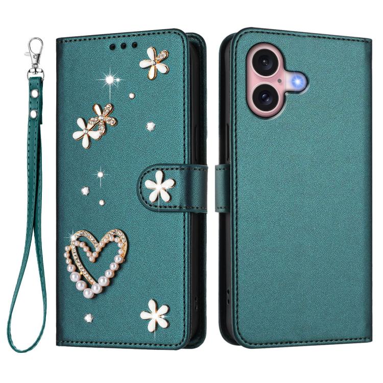 For iPhone 16 ZS01 Double-Layer Heart Floral Vegan Leather Phone Case with Wrist Strap
