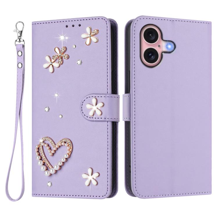 For iPhone 16 ZS01 Double-Layer Heart Floral Vegan Leather Phone Case with Wrist Strap