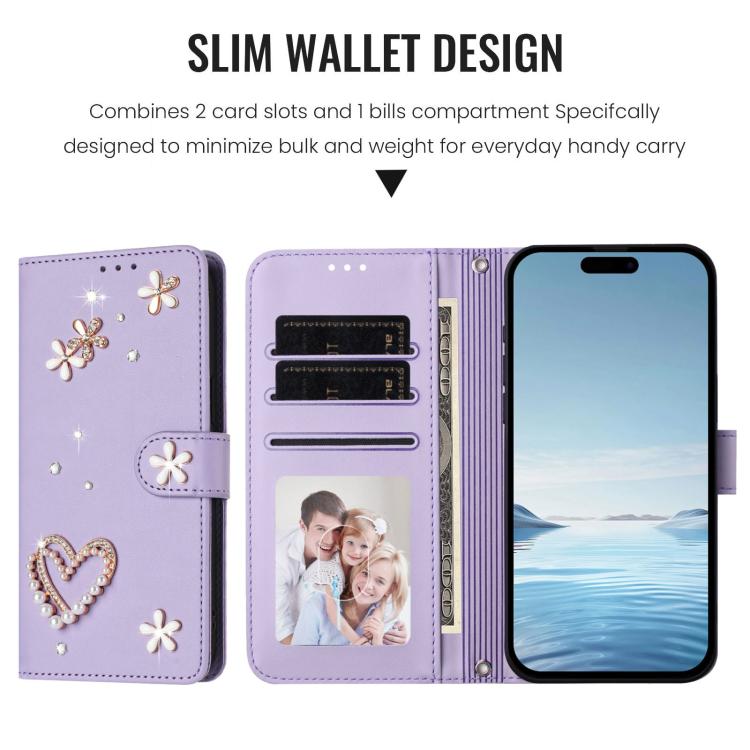 For iPhone 16 ZS01 Double-Layer Heart Floral Vegan Leather Phone Case with Wrist Strap