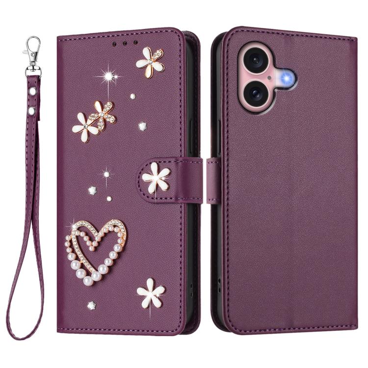 For iPhone 16 ZS01 Double-Layer Heart Floral Vegan Leather Phone Case with Wrist Strap