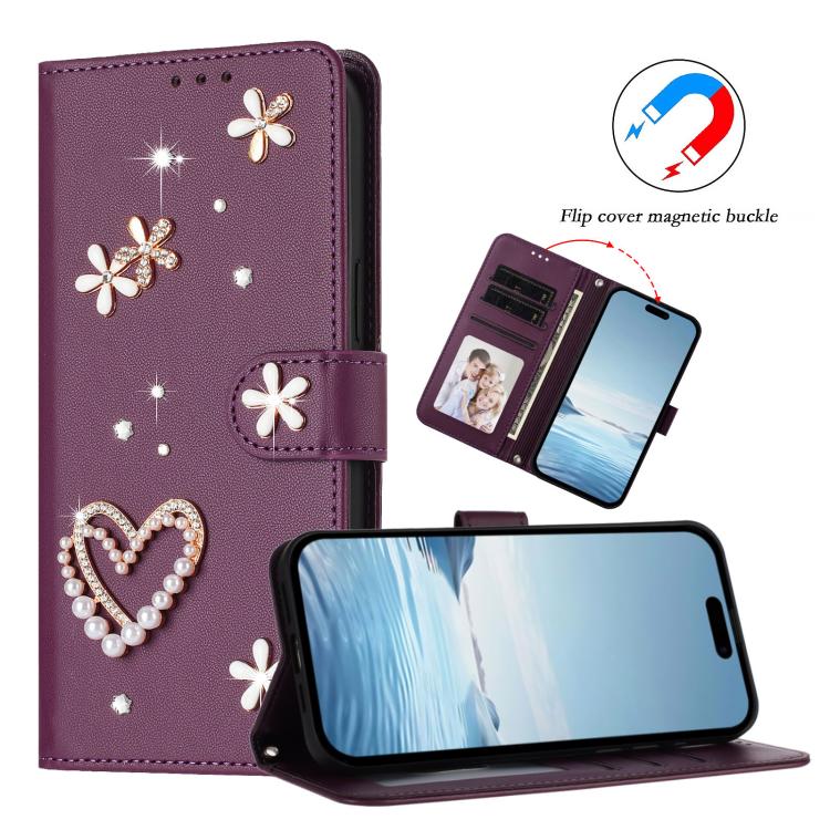 For iPhone 16 ZS01 Double-Layer Heart Floral Vegan Leather Phone Case with Wrist Strap