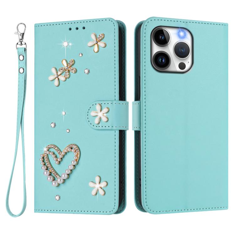 For iPhone 15 Pro Max ZS01 Double-Layer Heart Floral Vegan Leather Phone Case with Wrist Strap