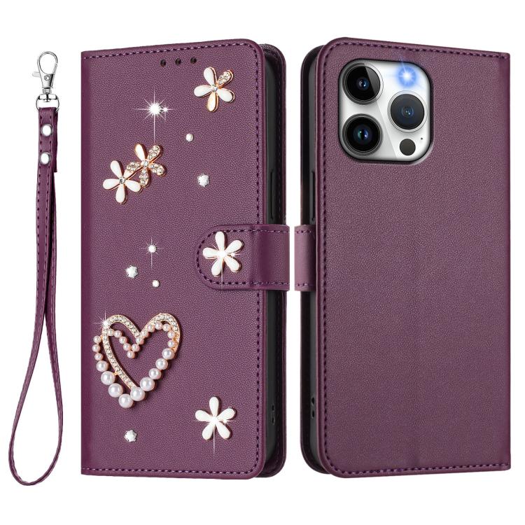 For iPhone 15 Pro Max ZS01 Double-Layer Heart Floral Vegan Leather Phone Case with Wrist Strap