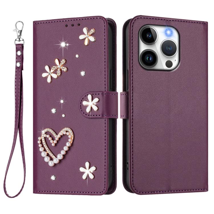 For iPhone 15 Pro ZS01 Double-Layer Heart Floral Vegan Leather Phone Case with Wrist Strap