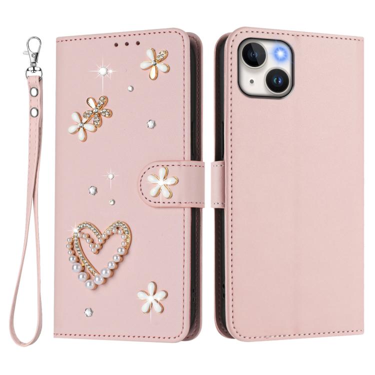 For iPhone 15 Plus ZS01 Double-Layer Heart Floral Vegan Leather Phone Case with Wrist Strap