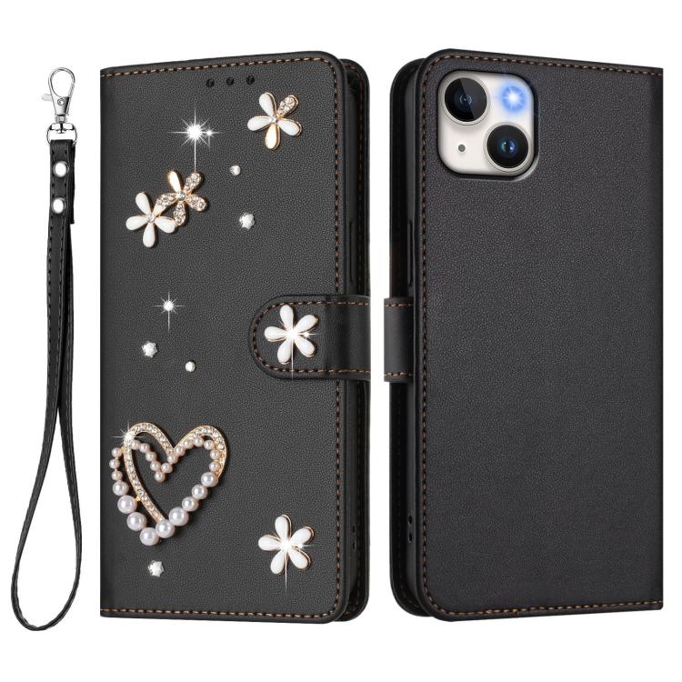 For iPhone 15 Plus ZS01 Double-Layer Heart Floral Vegan Leather Phone Case with Wrist Strap