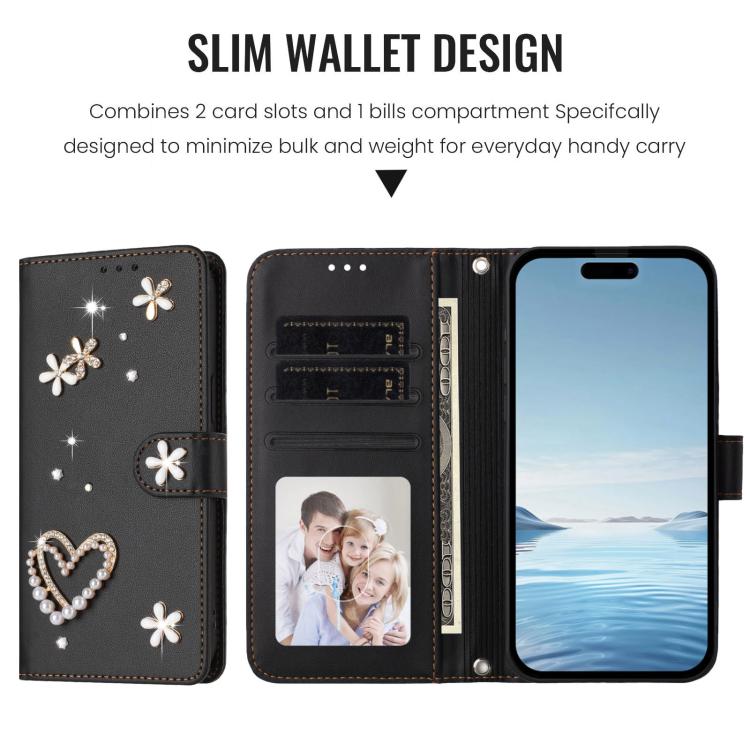 For iPhone 15 Plus ZS01 Double-Layer Heart Floral Vegan Leather Phone Case with Wrist Strap