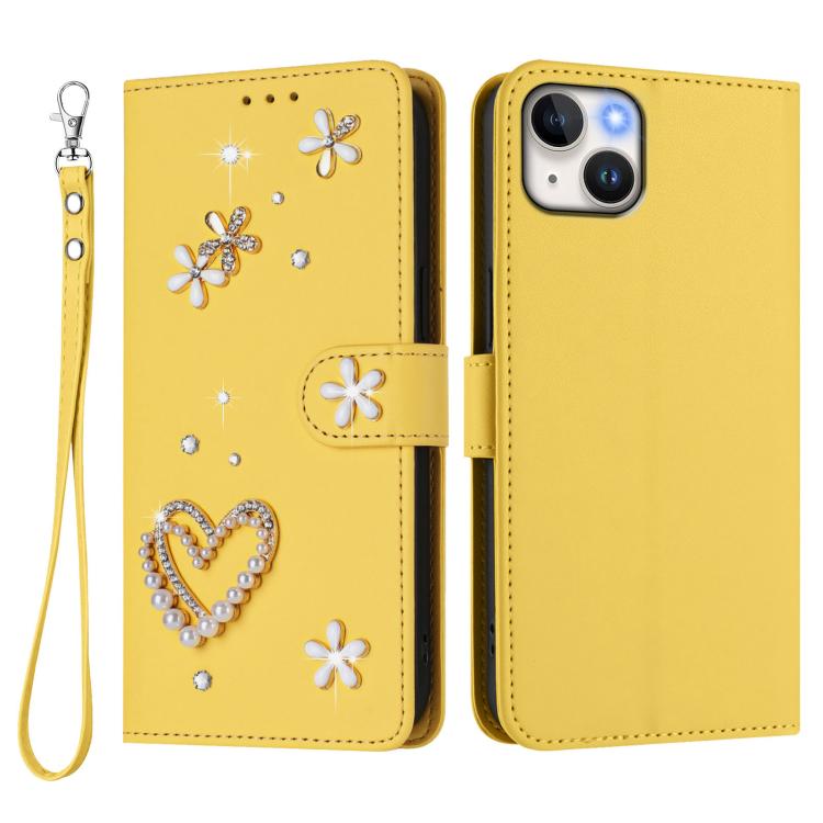 For iPhone 15 Plus ZS01 Double-Layer Heart Floral Vegan Leather Phone Case with Wrist Strap