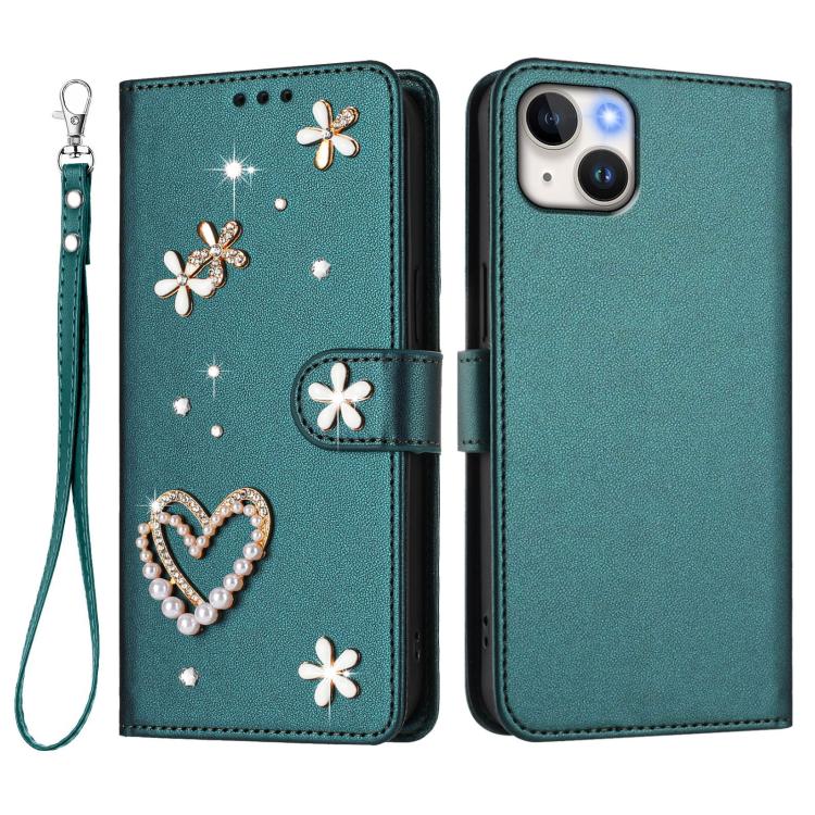 For iPhone 15 Plus ZS01 Double-Layer Heart Floral Vegan Leather Phone Case with Wrist Strap