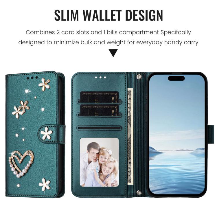 For iPhone 15 Plus ZS01 Double-Layer Heart Floral Vegan Leather Phone Case with Wrist Strap