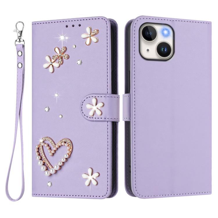 For iPhone 15 ZS01 Double-Layer Heart Floral Vegan Leather Phone Case with Wrist Strap