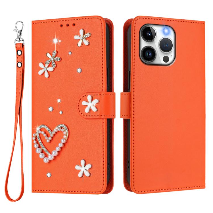 For iPhone 14 Pro Max ZS01 Double-Layer Heart Floral Vegan Leather Phone Case with Wrist Strap