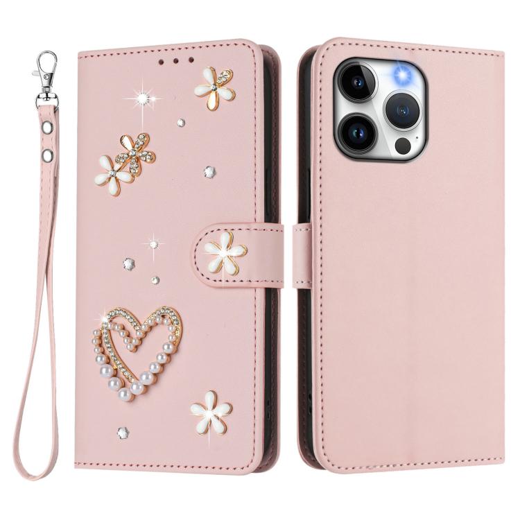 For iPhone 14 Pro Max ZS01 Double-Layer Heart Floral Vegan Leather Phone Case with Wrist Strap