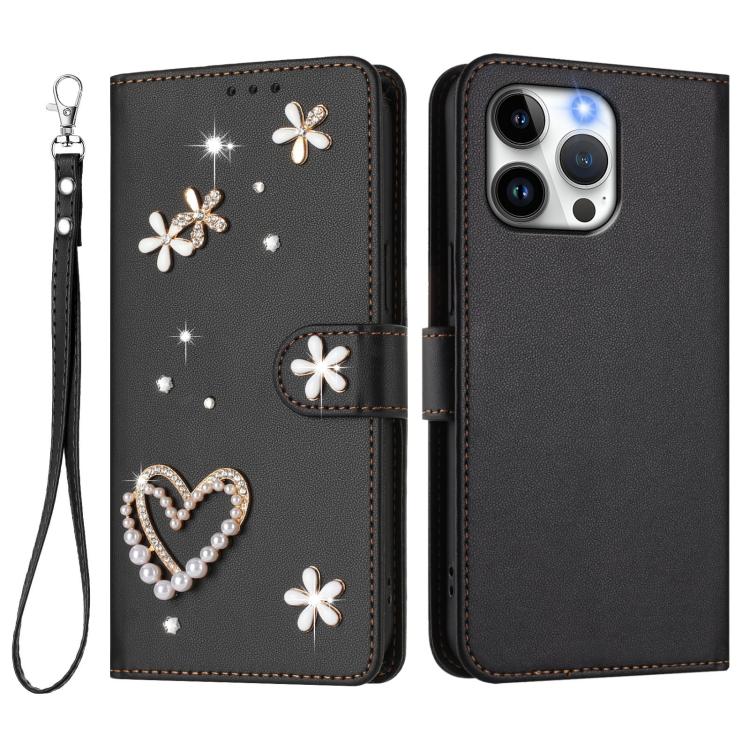 For iPhone 14 Pro Max ZS01 Double-Layer Heart Floral Vegan Leather Phone Case with Wrist Strap