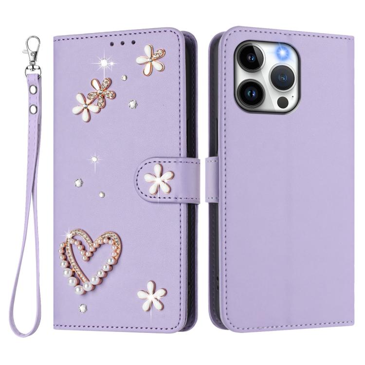 For iPhone 14 Pro Max ZS01 Double-Layer Heart Floral Vegan Leather Phone Case with Wrist Strap