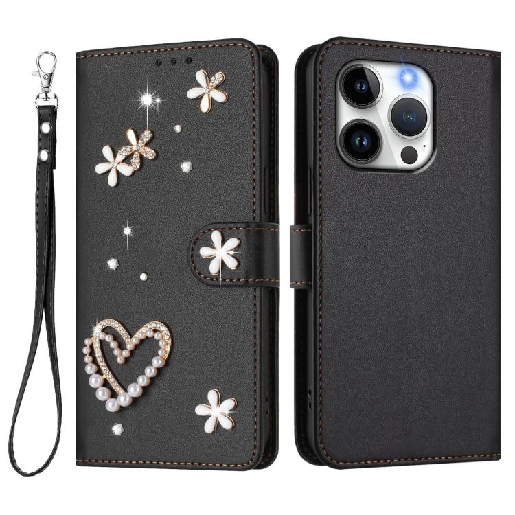 For iPhone 14 Pro ZS01 Double-Layer Heart Floral Vegan Leather Phone Case with Wrist Strap
