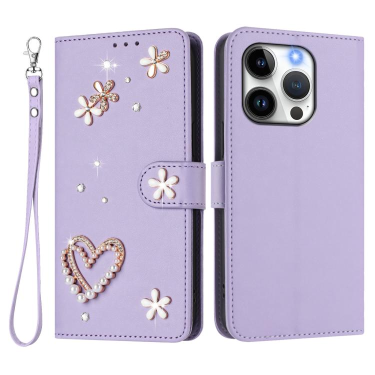 For iPhone 14 Pro ZS01 Double-Layer Heart Floral Vegan Leather Phone Case with Wrist Strap