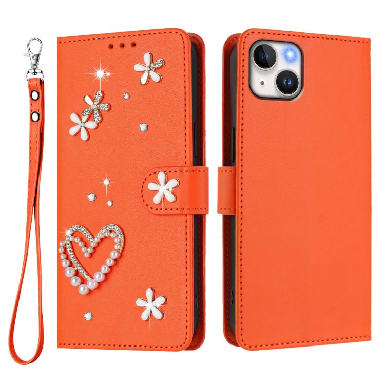 For iPhone 14 Plus ZS01 Double-Layer Heart Floral Vegan Leather Phone Case with Wrist Strap