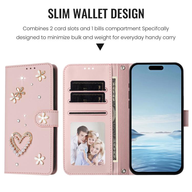 For iPhone 14 Plus ZS01 Double-Layer Heart Floral Vegan Leather Phone Case with Wrist Strap