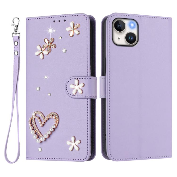 For iPhone 14 Plus ZS01 Double-Layer Heart Floral Vegan Leather Phone Case with Wrist Strap