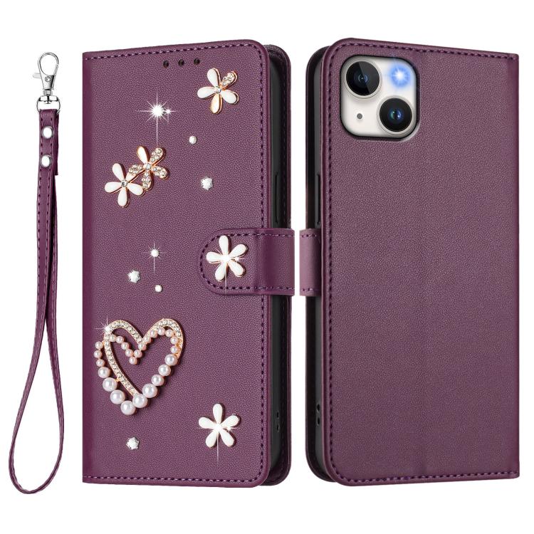 For iPhone 14 Plus ZS01 Double-Layer Heart Floral Vegan Leather Phone Case with Wrist Strap