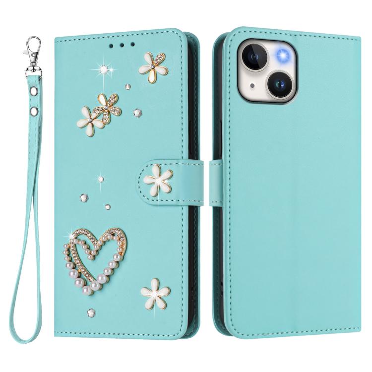 For iPhone 14 / 13 ZS01 Double-Layer Heart Floral Vegan Leather Phone Case with Wrist Strap