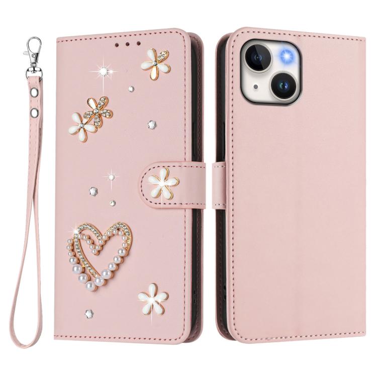 For iPhone 14 / 13 ZS01 Double-Layer Heart Floral Vegan Leather Phone Case with Wrist Strap