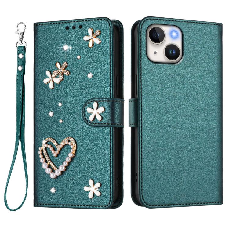For iPhone 14 / 13 ZS01 Double-Layer Heart Floral Vegan Leather Phone Case with Wrist Strap