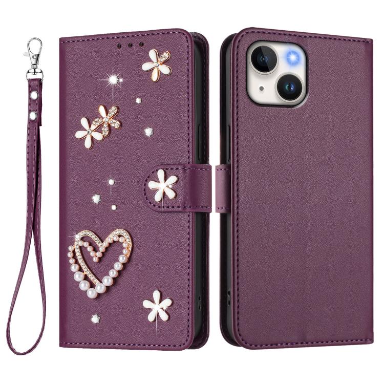 For iPhone 14 / 13 ZS01 Double-Layer Heart Floral Vegan Leather Phone Case with Wrist Strap