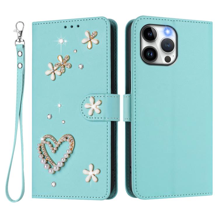 For iPhone 13 Pro Max ZS01 Double-Layer Heart Floral Vegan Leather Phone Case with Wrist Strap