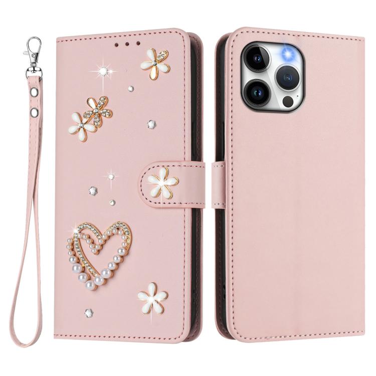 For iPhone 13 Pro Max ZS01 Double-Layer Heart Floral Vegan Leather Phone Case with Wrist Strap