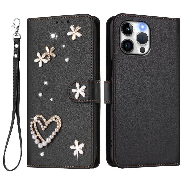 For iPhone 13 Pro Max ZS01 Double-Layer Heart Floral Vegan Leather Phone Case with Wrist Strap