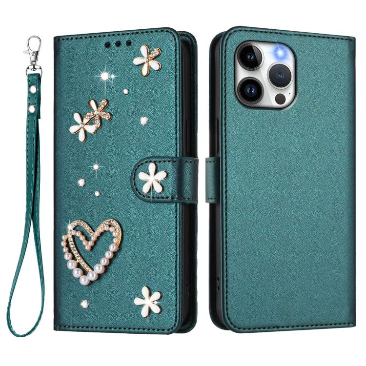 For iPhone 13 Pro Max ZS01 Double-Layer Heart Floral Vegan Leather Phone Case with Wrist Strap