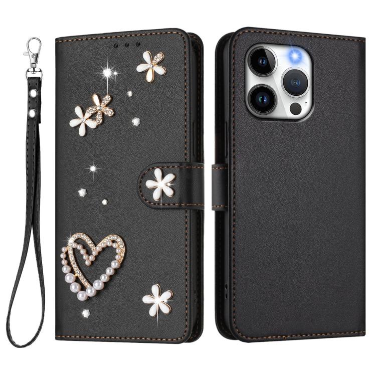 For iPhone 13 Pro ZS01 Double-Layer Heart Floral Vegan Leather Phone Case with Wrist Strap
