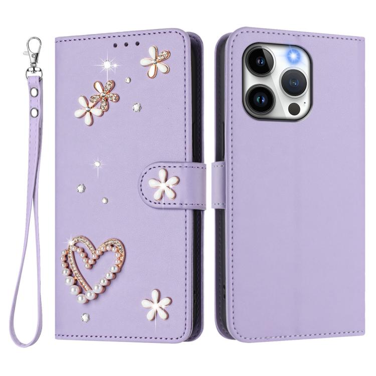 For iPhone 13 Pro ZS01 Double-Layer Heart Floral Vegan Leather Phone Case with Wrist Strap