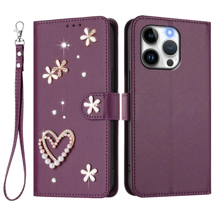 For iPhone 13 Pro ZS01 Double-Layer Heart Floral Vegan Leather Phone Case with Wrist Strap