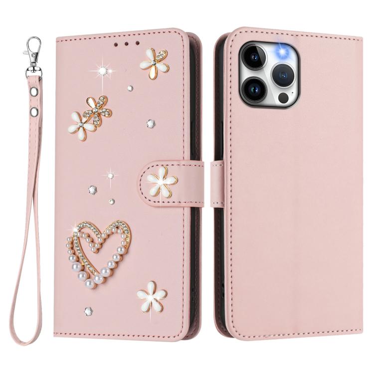For iPhone 12 Pro Max ZS01 Double-Layer Heart Floral Vegan Leather Phone Case with Wrist Strap
