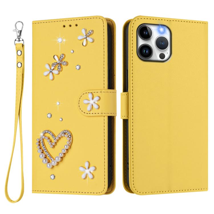 For iPhone 12 Pro Max ZS01 Double-Layer Heart Floral Vegan Leather Phone Case with Wrist Strap