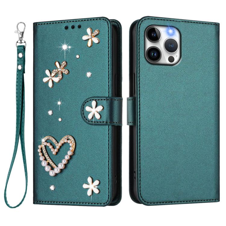 For iPhone 12 Pro Max ZS01 Double-Layer Heart Floral Vegan Leather Phone Case with Wrist Strap