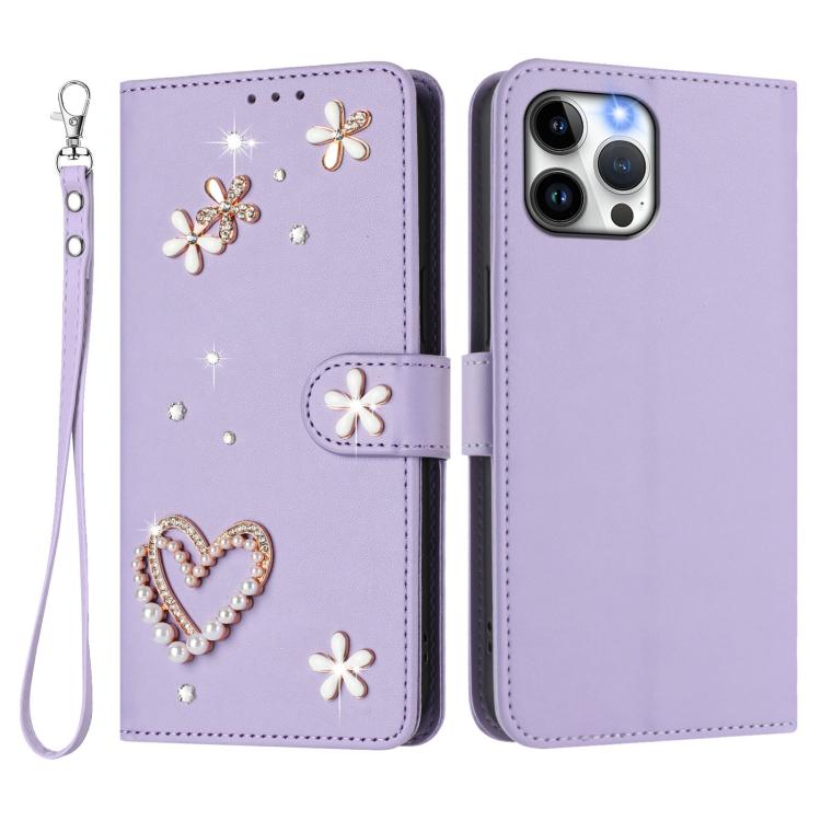 For iPhone 12 Pro Max ZS01 Double-Layer Heart Floral Vegan Leather Phone Case with Wrist Strap