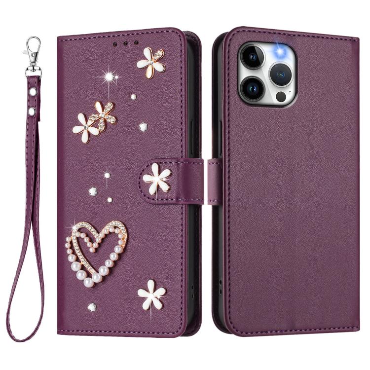 For iPhone 12 Pro Max ZS01 Double-Layer Heart Floral Vegan Leather Phone Case with Wrist Strap