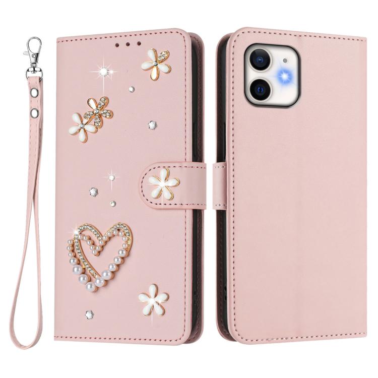 For iPhone 12 / 12 Pro ZS01 Double-Layer Heart Floral Vegan Leather Phone Case with Wrist Strap