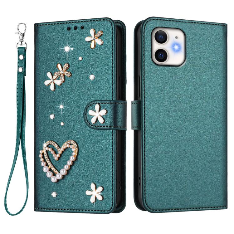 For iPhone 12 / 12 Pro ZS01 Double-Layer Heart Floral Vegan Leather Phone Case with Wrist Strap