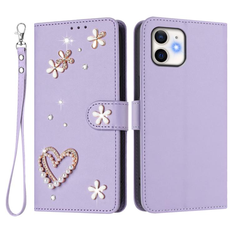 For iPhone 12 / 12 Pro ZS01 Double-Layer Heart Floral Vegan Leather Phone Case with Wrist Strap